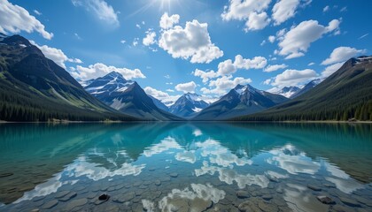 Crystal-clear mountain lake reflecting snow-capped peaks under a vibrant blue sky with scattered white clouds.