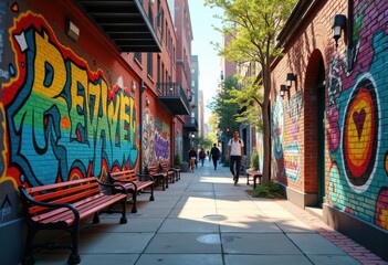 Fototapeta premium colorful vibrant graffiti art urban street furniture walls city life expressive culture, design, lawn, park, bench, bike, table, stool, swing, mural, tag