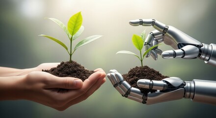 Human robot hands holding young plants, symbolizing future of agriculture