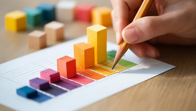 Hand coloring a colorful bar chart with a pencil.