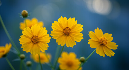 Sunlit yellow Coreopsis flowers in bloom against a vibrant blue bokeh background, capturing natural beauty and colorful garden elegance
