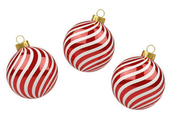 Three Red and White Striped Christmas Ornaments Floating on White