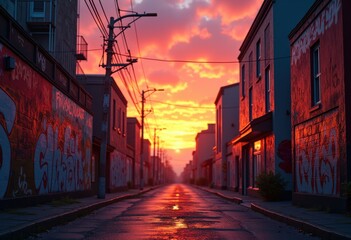 Fototapeta premium creative graffiti sunset skyline silhouettes urban art lighting vibrant colors, buildings, cityscape, clouds, street, paint, colorful, pattern, canvas