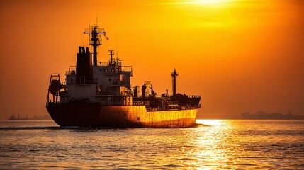 Fototapeta premium oil tanker navigating calm ocean under golden sunrise, symbolizing economic optimism amid rising oil prices oil tanker at sea, sunrise on ocean, global trade, energy prices, maritime shipping, 