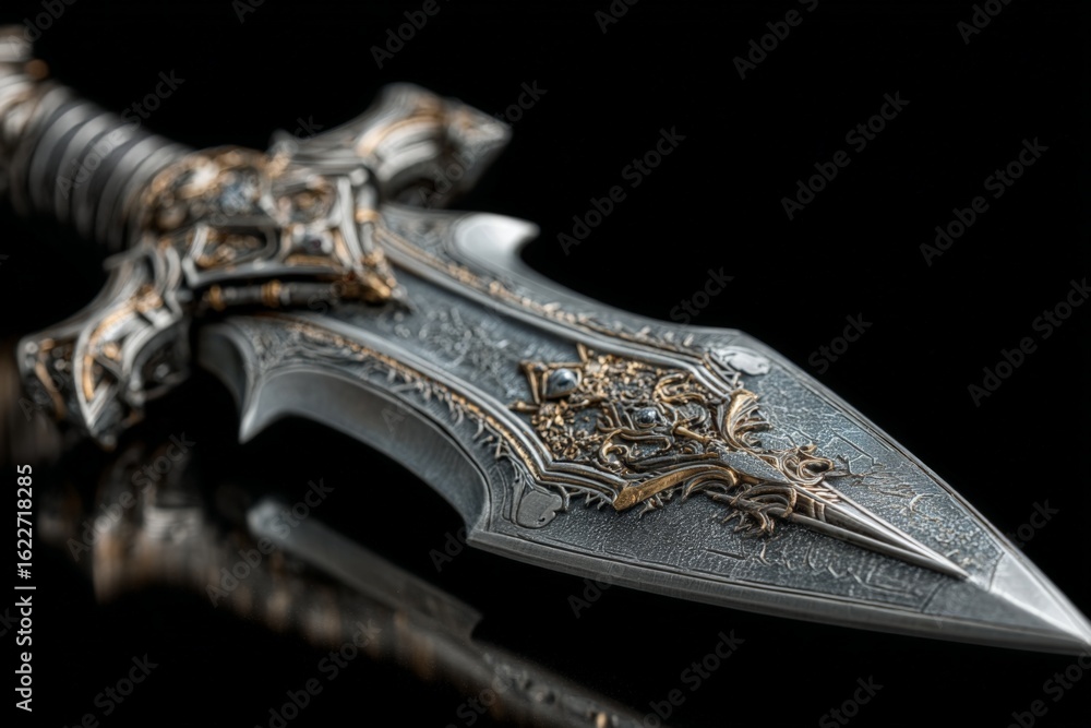 Poster unique ornate sword with intricate patterns displayed against a black background showcasing its craf