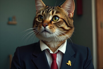 Cat in Business Suit Looking Upward with Red Tie
