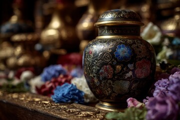 Decorative urn surrounded by colorful flowers in an ornate setting with warm lighting