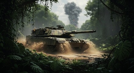 Military Tank in Dense Jungle with Smoke and Explosions Background