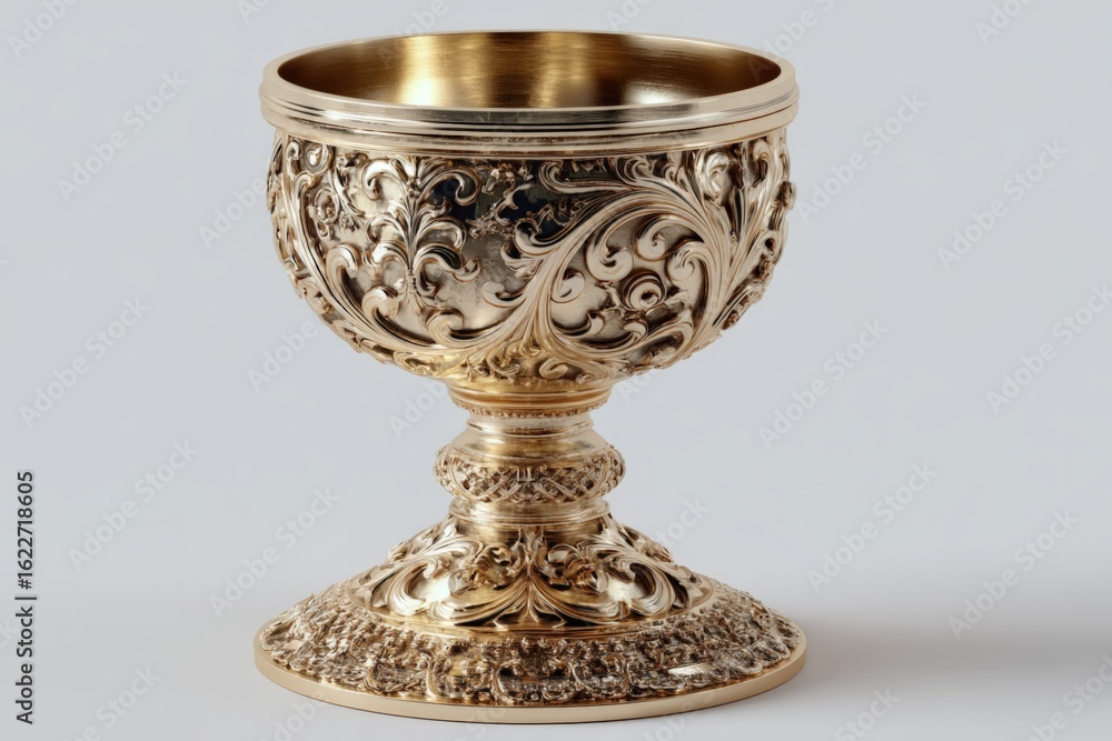 Poster intricately designed silver chalice with ornate patterns and smooth finish displayed against a plain