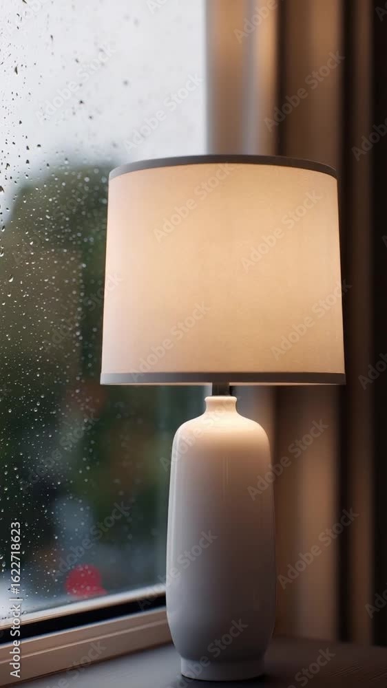 Poster a modern white table lamp with a beige fabric shade sits on a dark table next to a window covered in