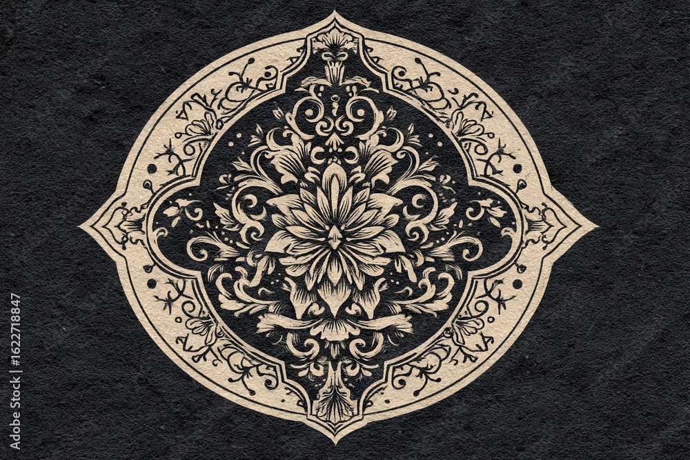 Poster intricate floral design featuring ornate patterns on a dark background with a central motif