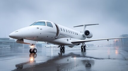 Obraz premium White private jet parked on wet tarmac under overcast sky.