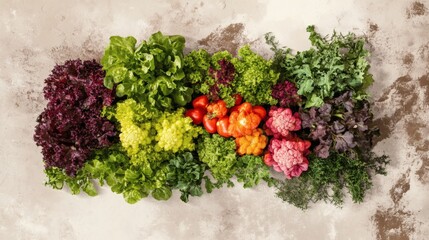 Colorful assortment of fresh vegetables and greens arranged on a textured surface.