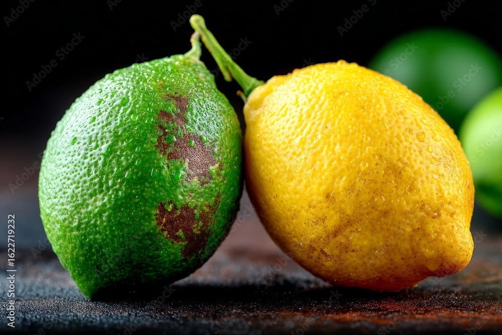 Poster different stages of lemon and lime ripeness captured in a close-up display on a textured surface