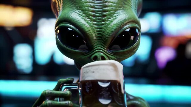 Alien enjoying a drink at a bar