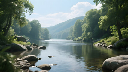 Serene river flowing through lush green forested mountains on a sunny day