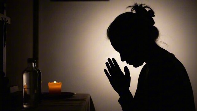 Silhouette of Person Praying Alone in Dim Room