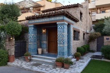 Fototapeta premium Charming blue and beige house with intricate tile work in a serene neighborhood setting during the late afternoon