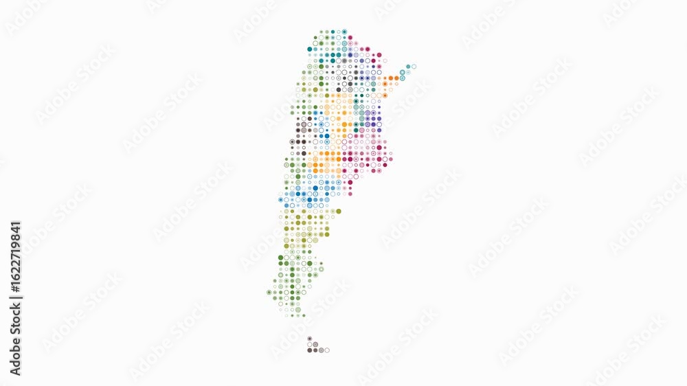Poster argentina dotted animation. shape of the country build of pulsating colored dots. small size circle 