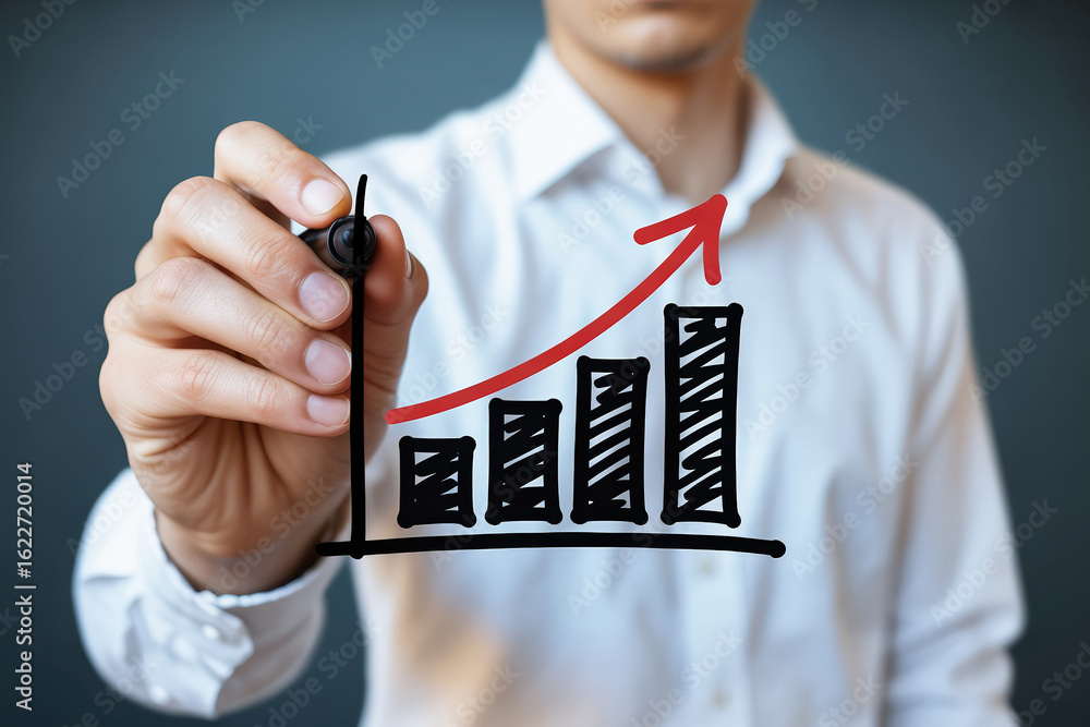 Poster visualizing growth a hand draws an upward trending bar graph with a red arrow symbolizing success an