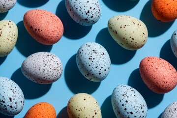Colorful speckled eggs arranged on a blue surface for spring celebrations and decorations