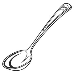 A simple black and white line drawing of a classic spoon with decorative elements