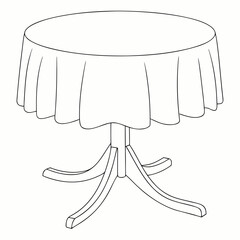 A simple line drawing of a round table covered with a draped tablecloth and supported by a wooden pedestal base