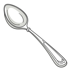A simple line drawing of a silver spoon with a grey shaded bowl and handle against a white background