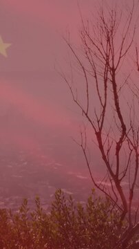 Animation of flag of china over cityscape
