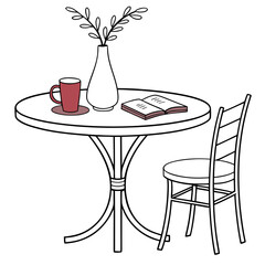 Cozy scene of a round table with a book coffee cup and vase next to a chair