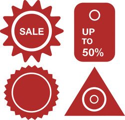 Burgundy abstract geometric stickers display promotion, including sale circle, up to fifty percent rectangular tag