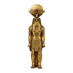 Golden Statue of the Ancient Egyptian God Ra isolated on a transparent background 