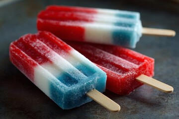 Colorful frozen treats resting on a dark surface, offering a refreshing choice for hot summer days with vibrant red, white, and blue layers