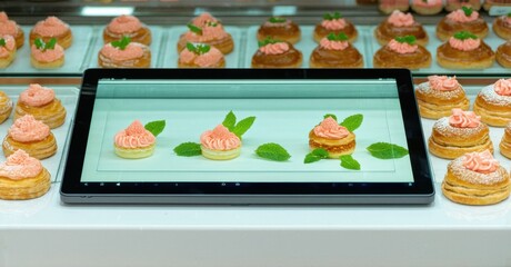Pastries displayed inside glass case. Creamy pink frosting tops golden puffs. Mint leaves garnish some treats. Bright lighting illuminates desserts.