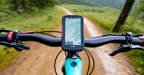Mountain bike handlebar view. Phone displays map during outdoor ride. Dirt path extends into forested area. Focus on cycling technology.
