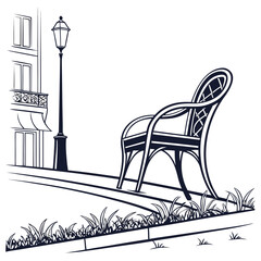 Elegant wicker chair on a cobblestone street next to a lamppost and building