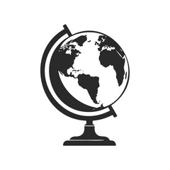 Black and white globe icon showing continents on stand