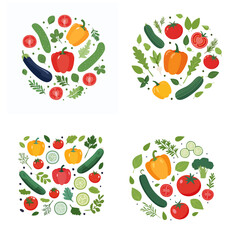 Obraz premium Flat vector illustration of colorful vegetable arrangement flatlay- peppers, tomatoes, cucum