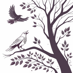 Stylized ravens in flight and perched on a branch of a bare tree with leaves