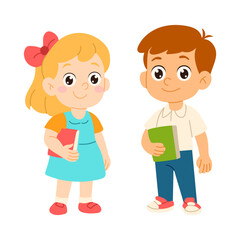 A boy and a girl are holding books and smiling. The girl is wearing a blue dress and the boy is wearing a white shirt and blue jeans