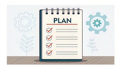 Notepad labeled PLAN with bullet list and gear, reflecting structured execution in business models.