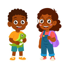 Two children are standing next to each other, one holding a green dinosaur toy. They are smiling and seem to be happy