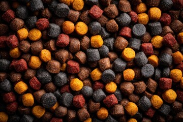 Colorful assortment of pet food in various shapes and sizes on a textured surface