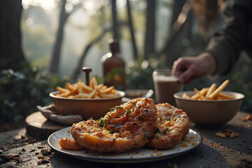 Outdoor Meal with Fried Food in Nature Setting