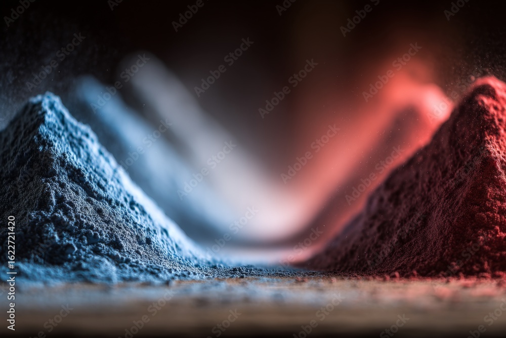 Poster vibrant colored powders create an abstract landscape in a creative artistic display during a contemp