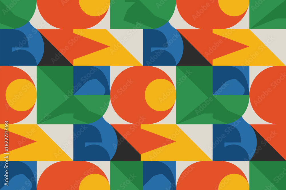 Poster geometric pattern featuring colorful circles squares and triangles in a repeating arrangement design