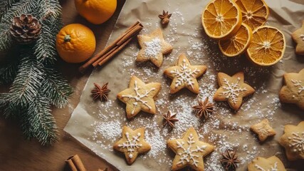 Star-shaped Christmas cookies with white icing on baking paper, surrounded by spices, fir branches, and dried oranges in cozy festive setting - Powered by Adobe