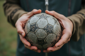 Holding Worn Soccer Ball Closeup with Outdoor Background