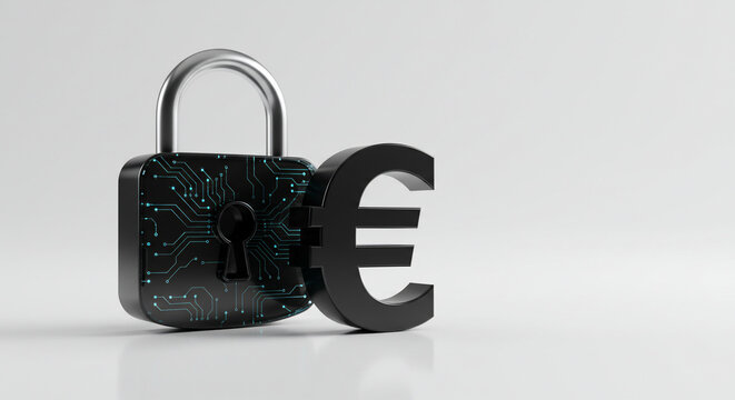 A padlock with circuit board design secures a black Euro symbol, representing financial security and digital currency protection. - Powered by Adobe