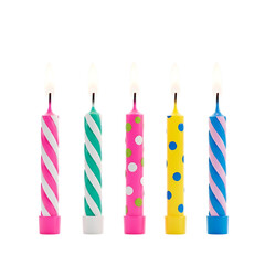 Five colorful birthday candles with flames isolated on transparent background